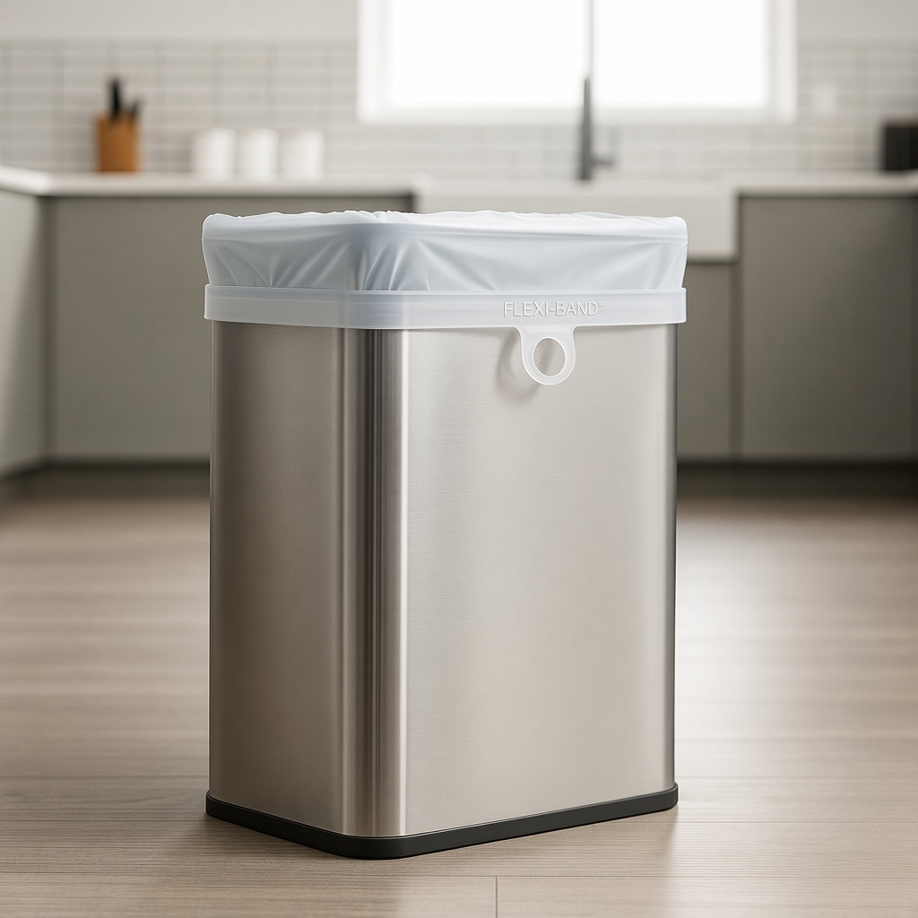 Flexi-Band, a nearly clear silicone band, holding a white trash bag over the rim of a rectangular stainless steel kitchen can